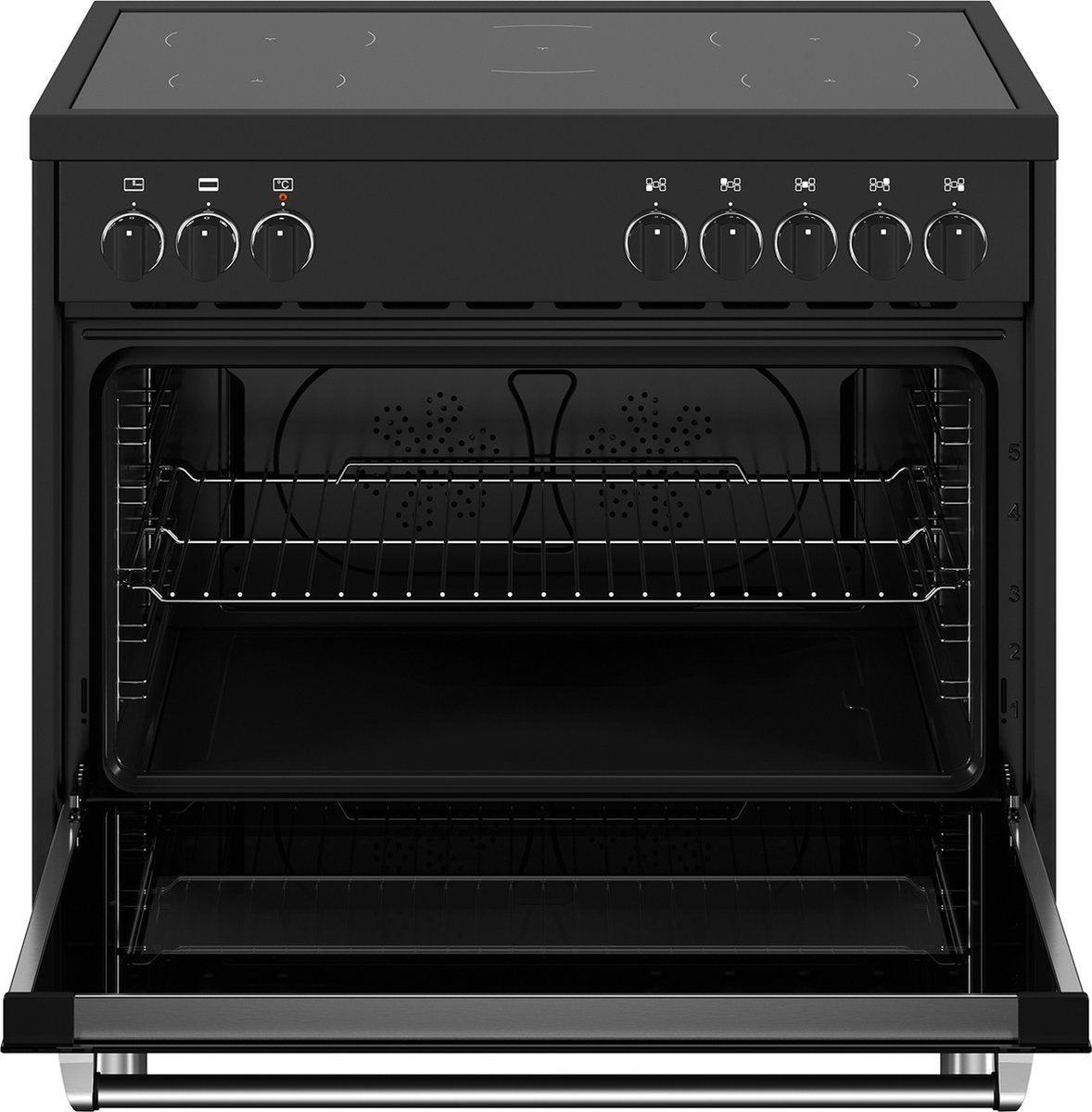 BERTAZZONI vrijstaand inductie fornuis met 5 kookzones en ruime oven met draaiknoppen en kookwekker
