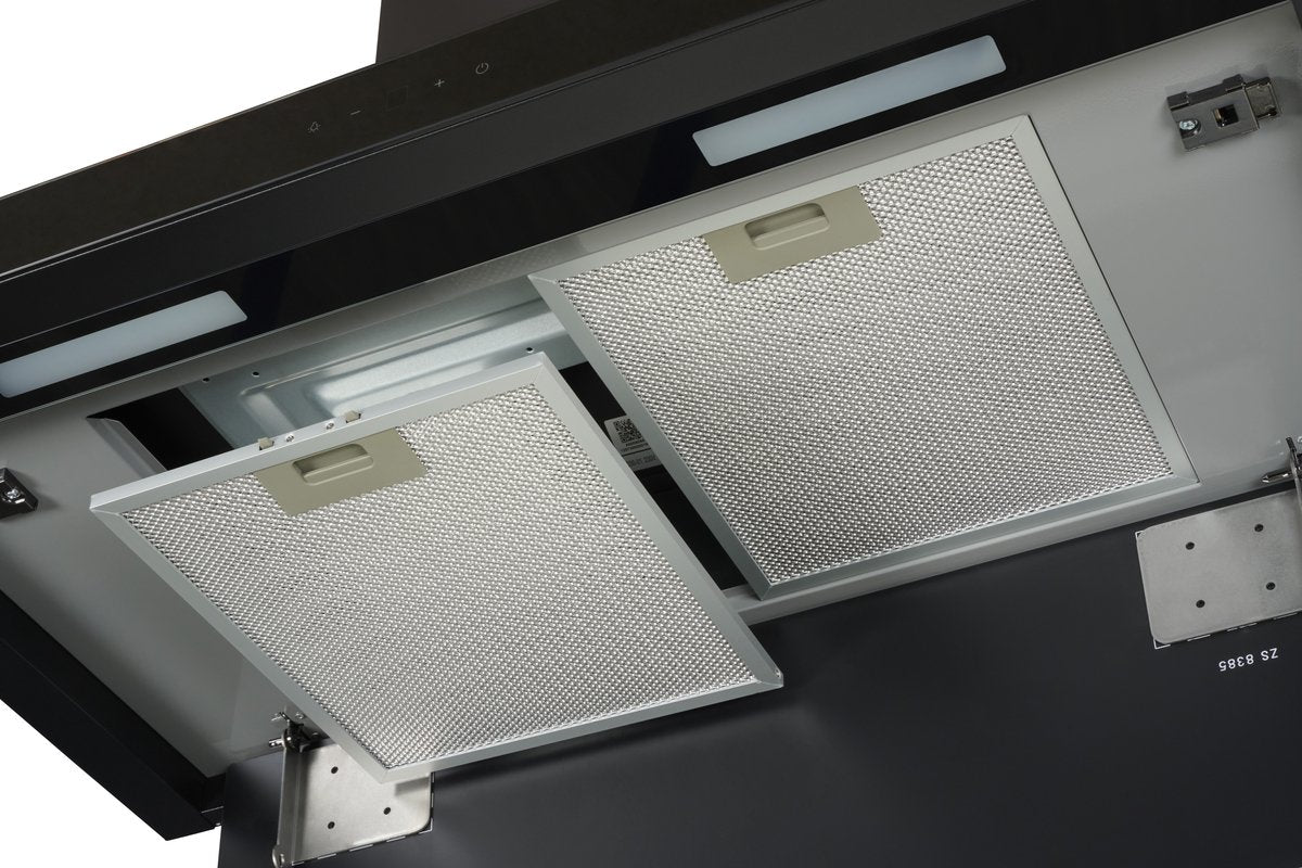 zwarte EVCH9845B Everglades afzuigkap met metalen filters en LED-verlichting