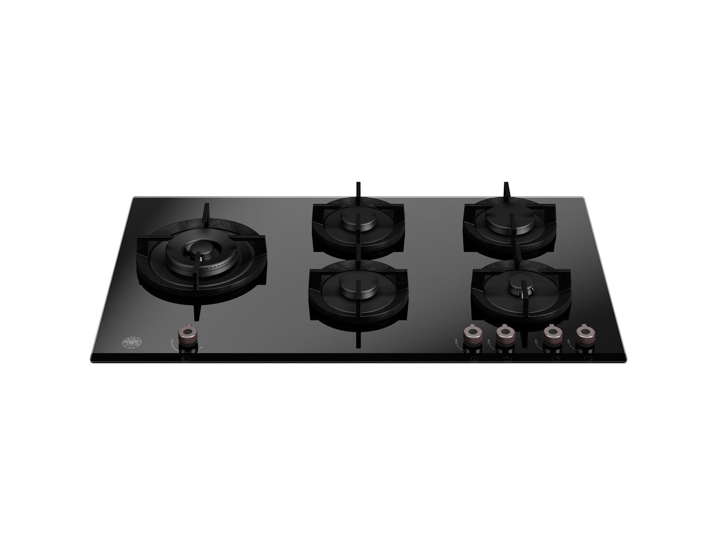 zwarte Bertazzoni P905LPROGNE 5-pits gaskookplaat met wokbrander en gietijzeren pannendragers