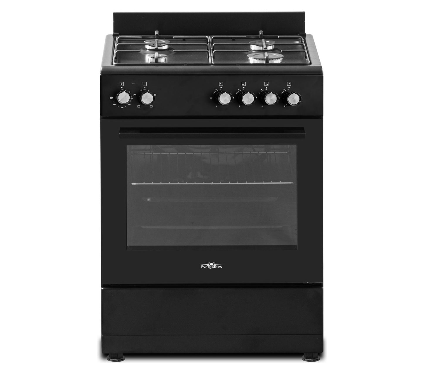 Matzwart Everglades EVCK6010 gasfornuis met vier branders en ovenruimte van 62 liter.