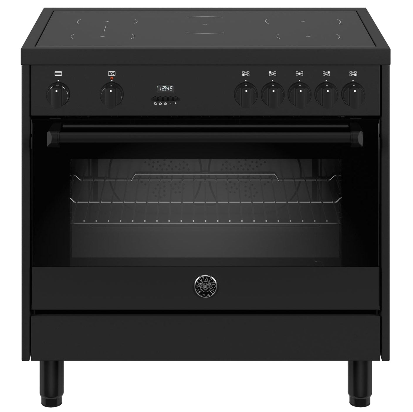 Zwart Bertazzoni MPL95I1ETNV inductiekookplaat met oven en bedieningsknoppen.