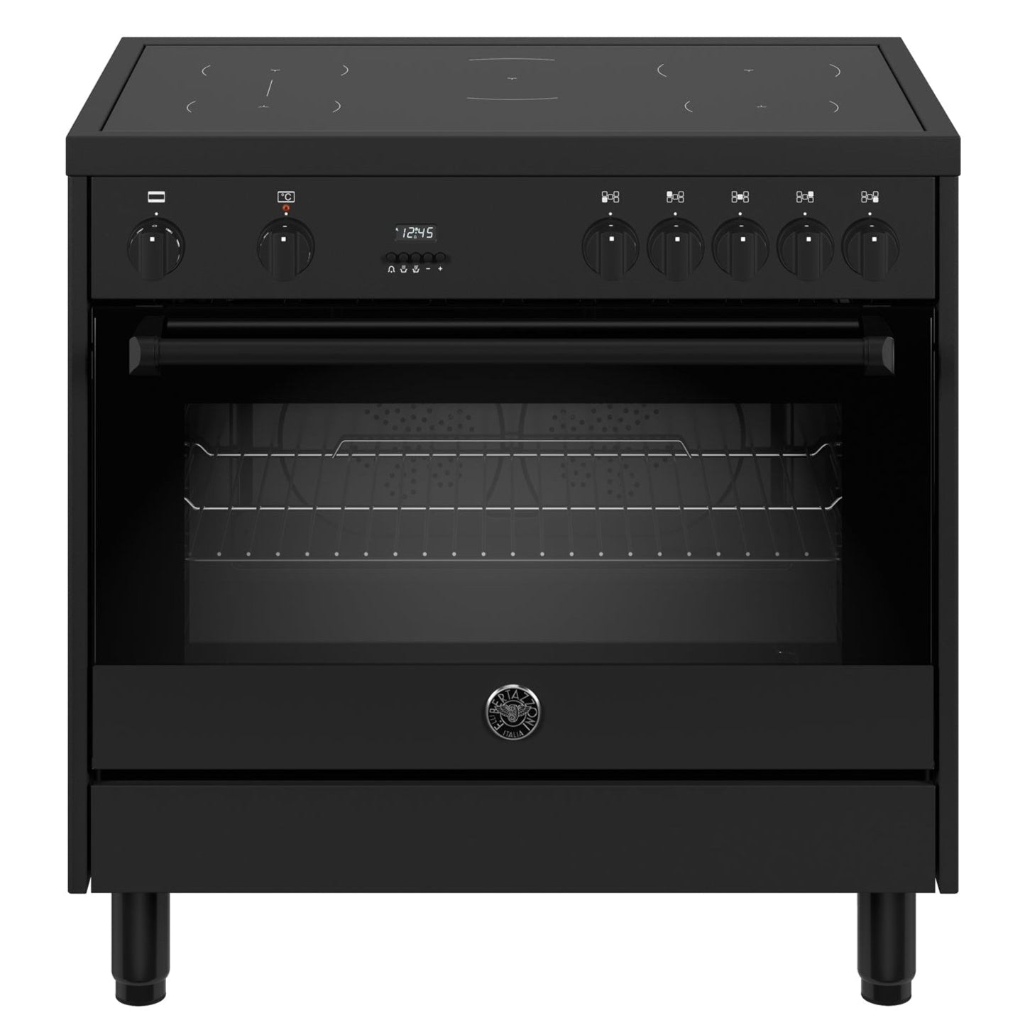 Zwart Bertazzoni MPL95I1ETNV inductiekookplaat met oven en knoppenbediening