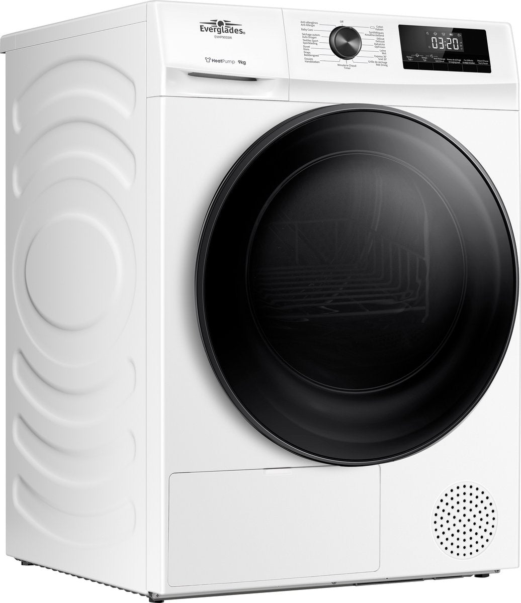 EVHP9055W warmtepompdroger in witte kleur met zwart deurvenster en digitaal display