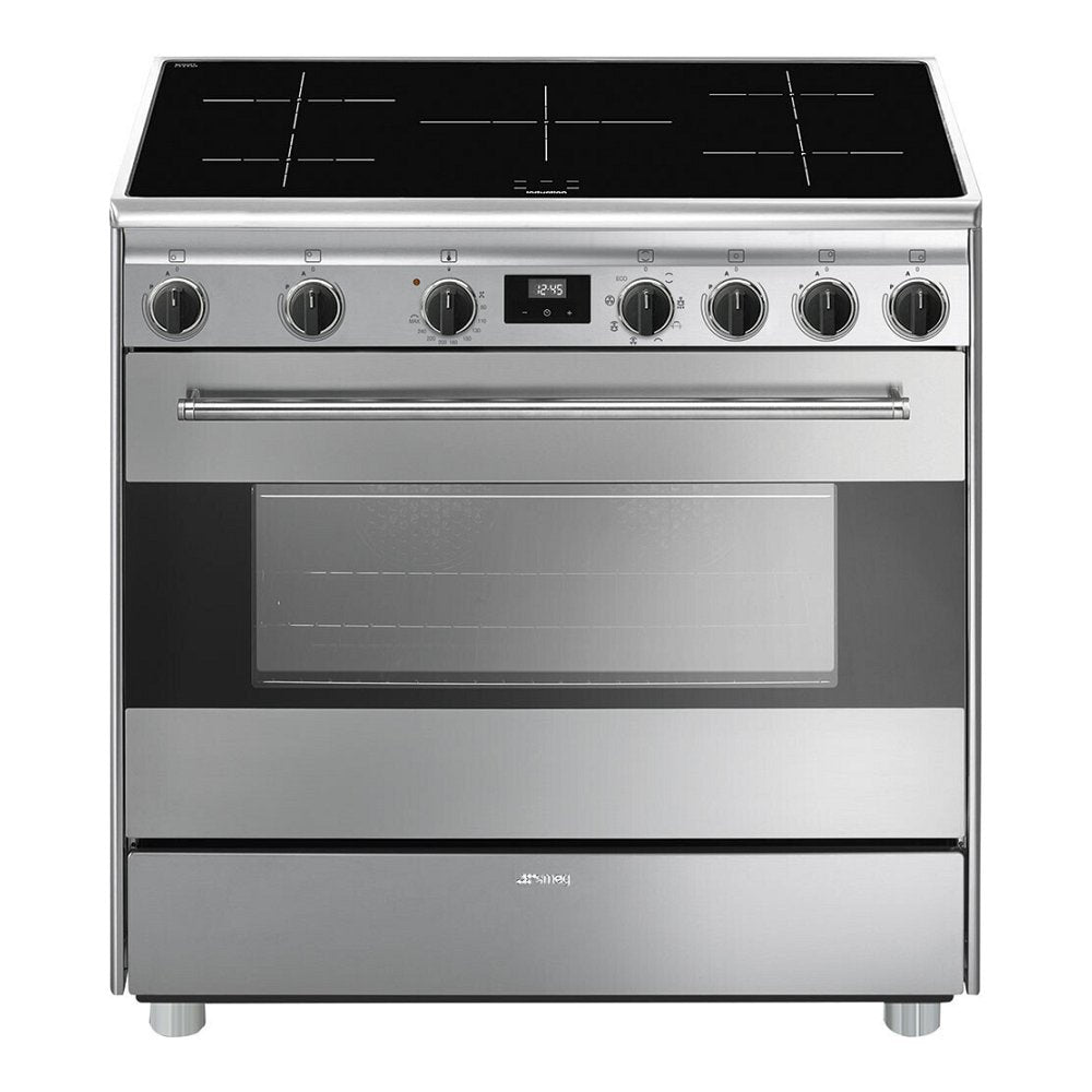 Zilvergrijs SMEG fornuis SNLP90IX9 met inductiekookplaat en oven, showroommodel, enkel afhalen