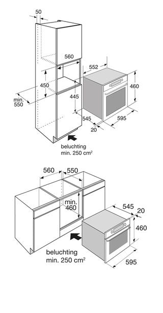 Combi magnetron inbouwafmetingen schema voor Everglades EVIB7451, 45cm zwart.