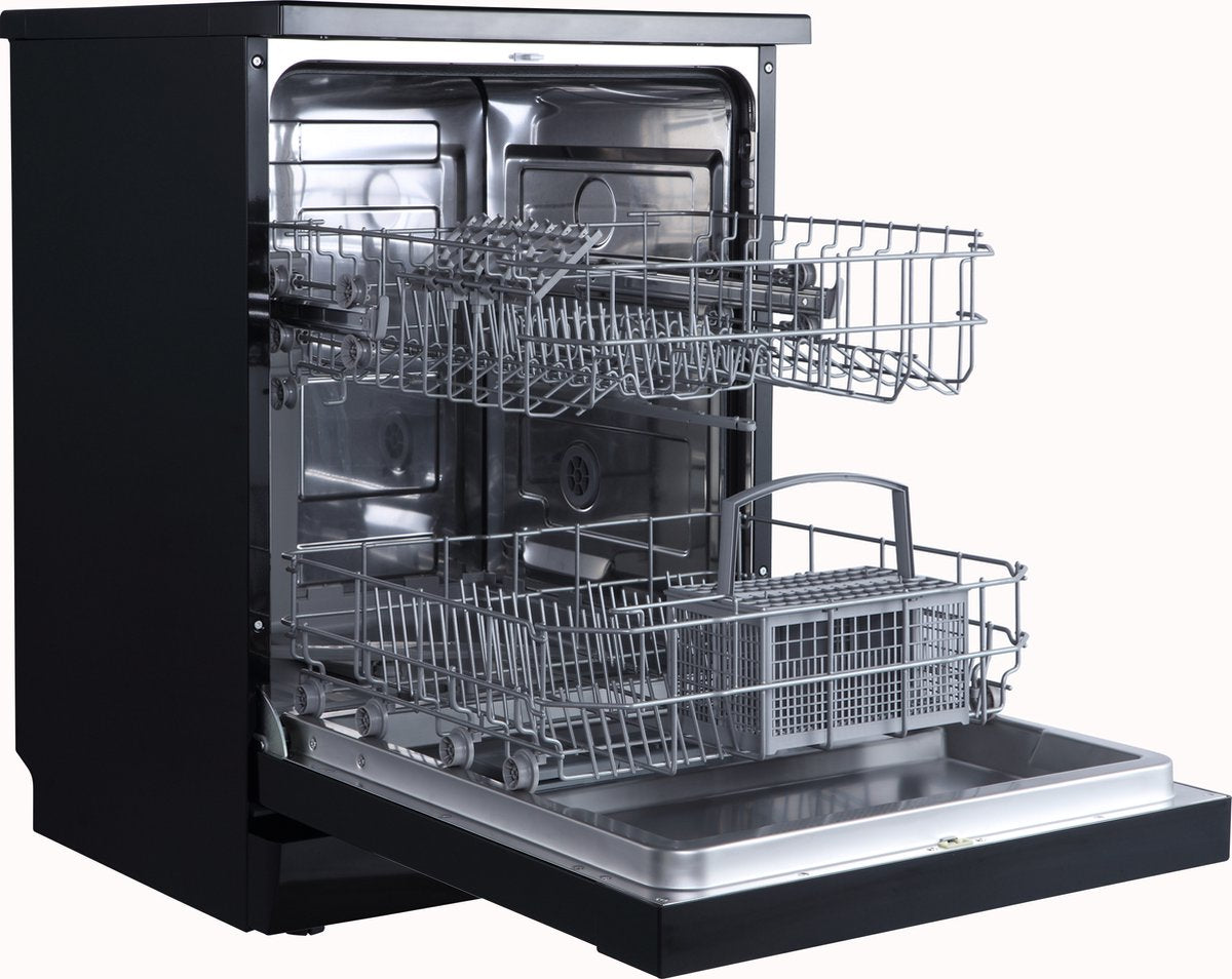 Everglades vrijstaande zwarte vaatwasser 60 cm open deur en rekken zichtbaar