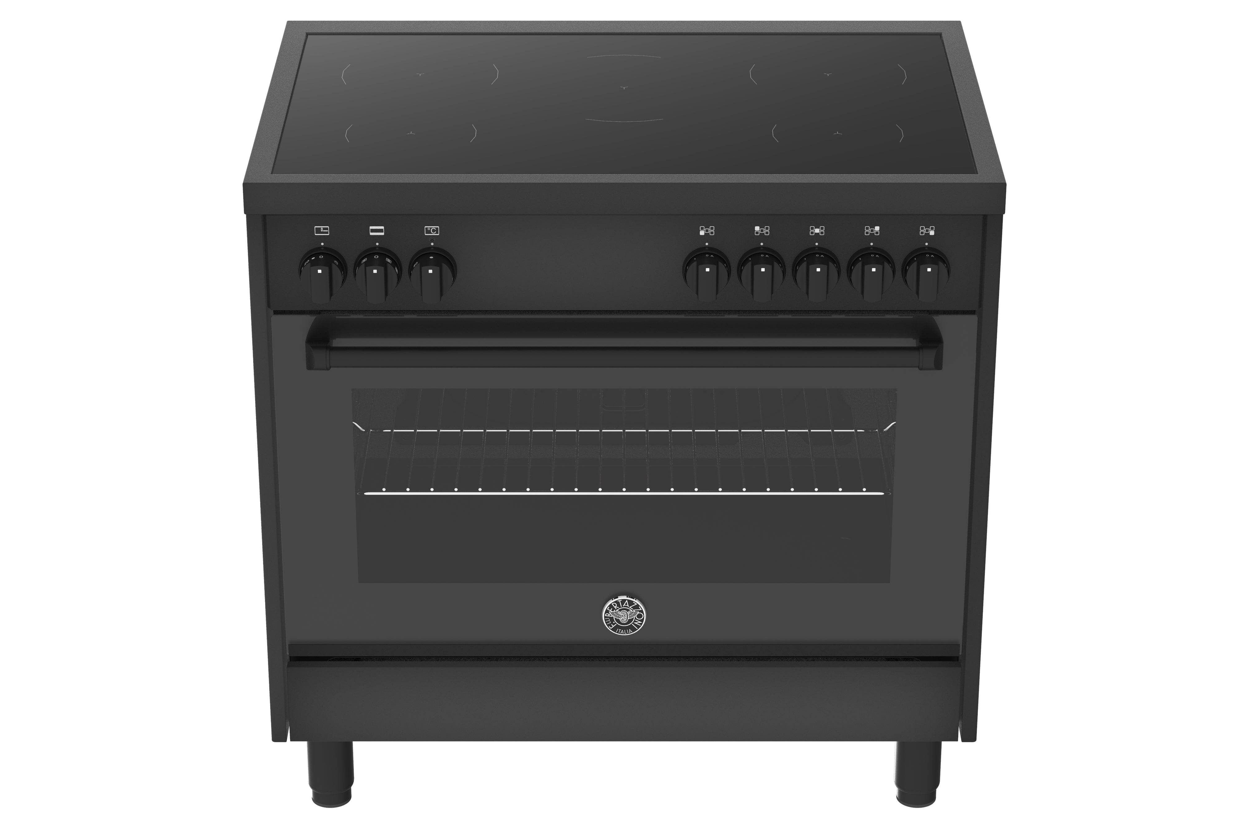 Zwart Bertazzoni inductie fornuis met 5 kookzones en multifunctionele oven, matzwarte afwerking.