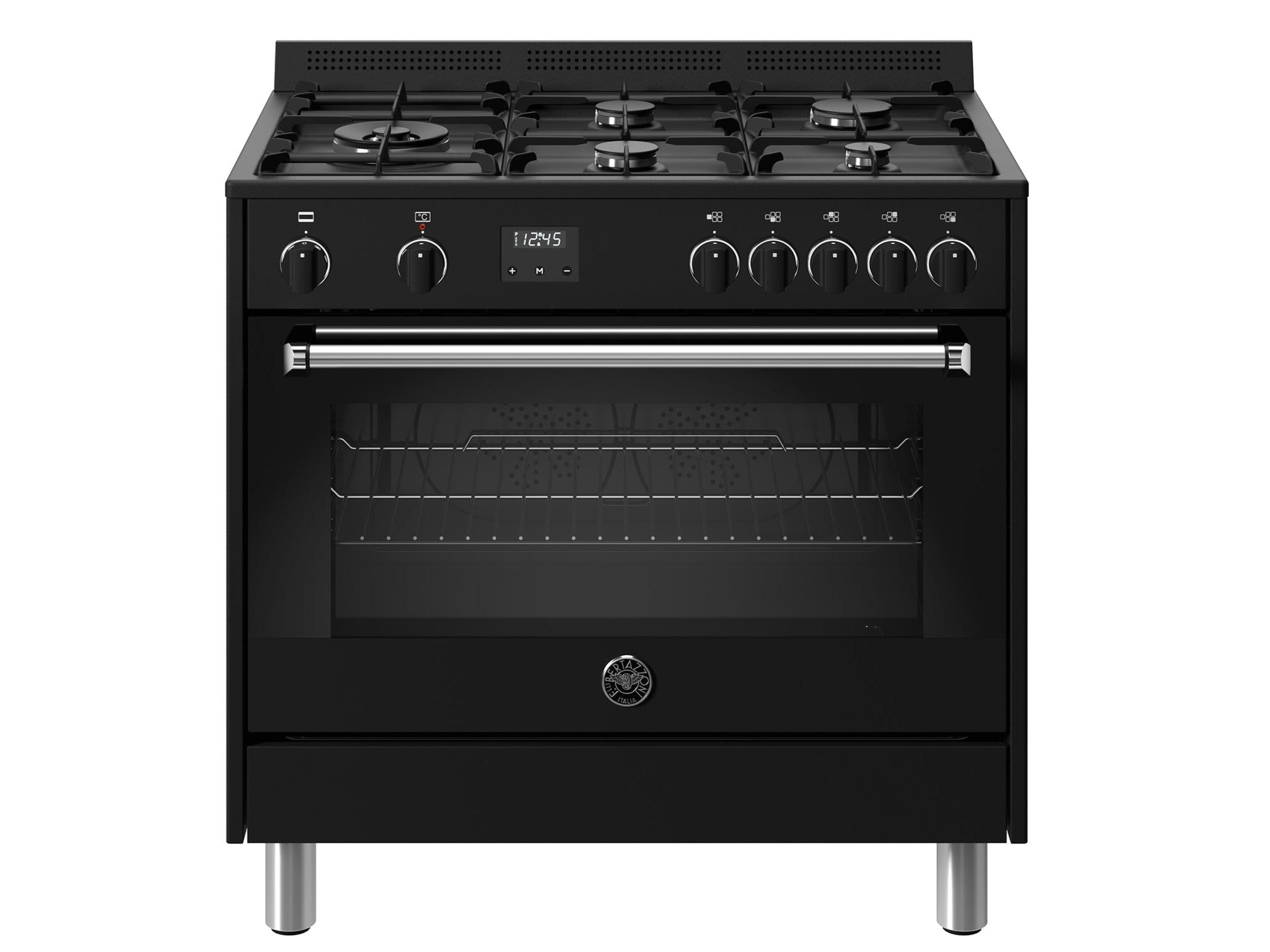 Zwarte Bertazzoni gasfornuis MPL95L1ENND met oven en vijf branders