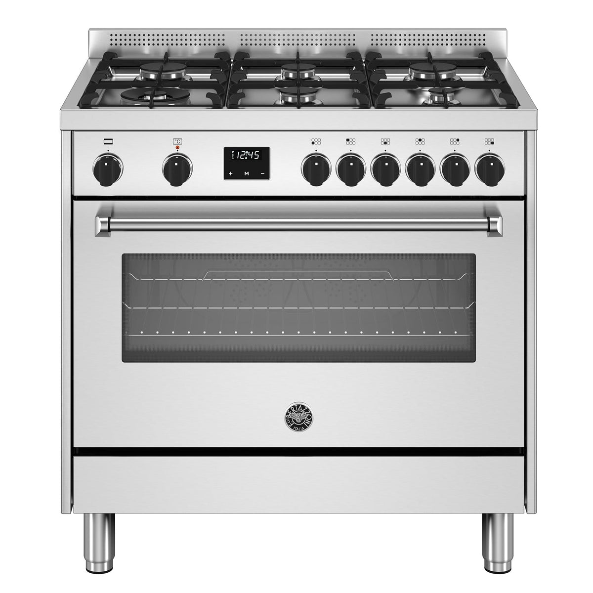 Vrijstaand roestvrijstalen gasfornuis met 6 branders en oven met glazen deur, Bertazzoni MPL96L1EXC model.