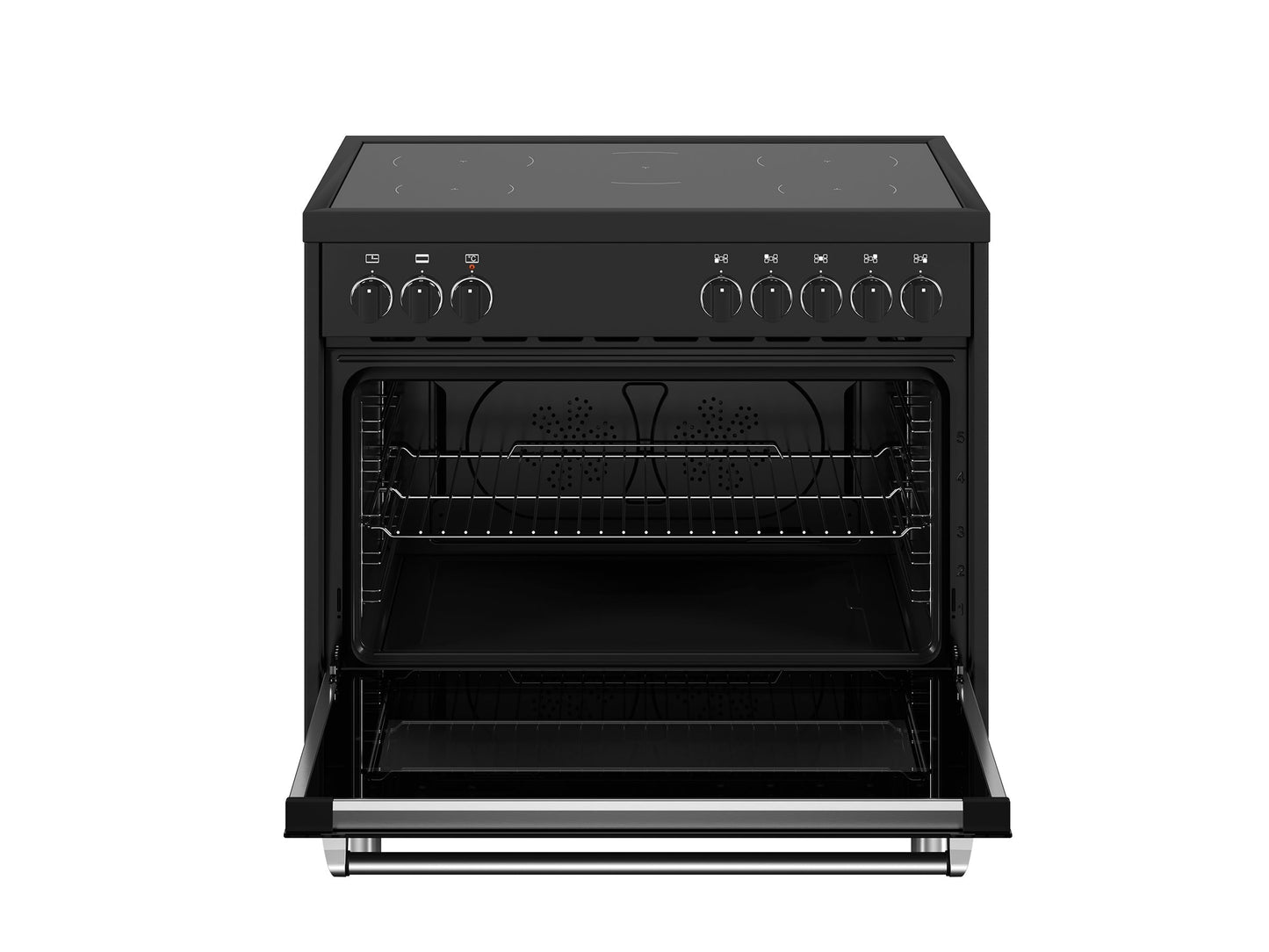 Matzwart Bertazzoni inductie fornuis met 5 kookzones en multifunctionele oven.