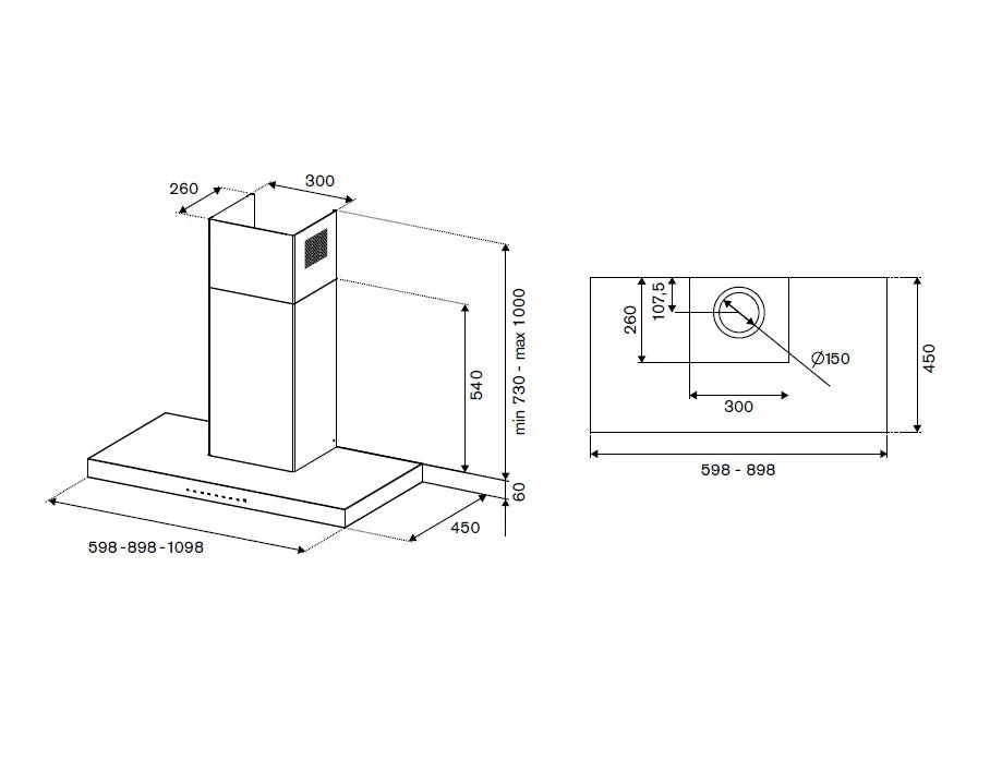 technische tekening La Germania zwarte afzuigkap met afmetingen en ventilatieopening details