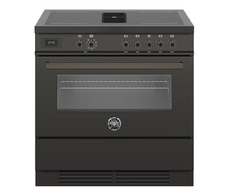 Air-Tec 90 cm fornuis with 4 induction zones, integrated ventilation, and multifunction oven in black