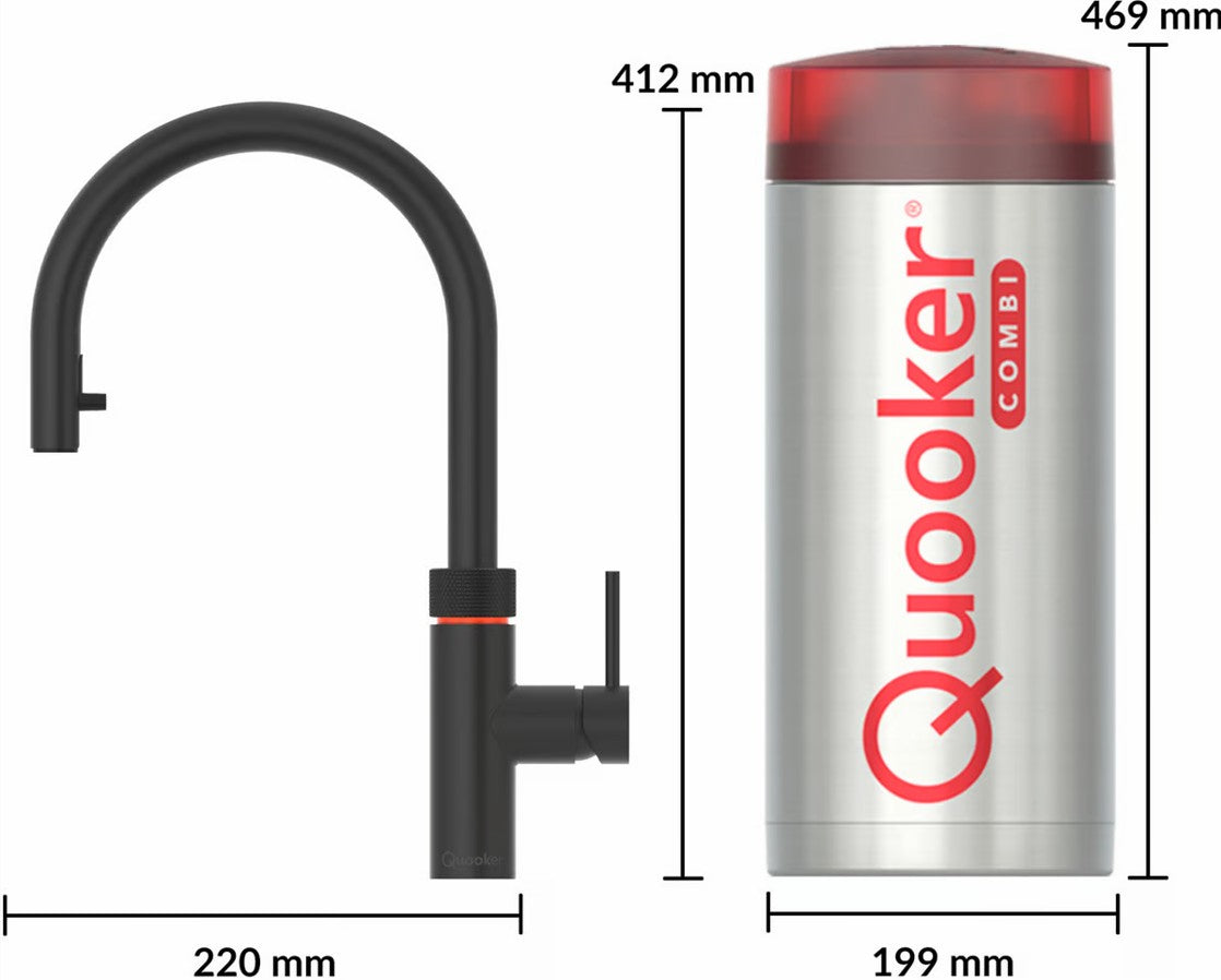 Quooker Flex zwarte 3-in-1-kraan met COMBI boiler voor kokend water in moderne keuken