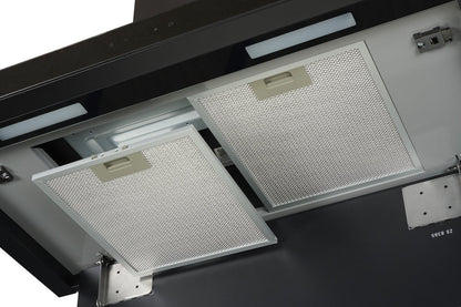 zwarte EVCH9845B Everglades afzuigkap met metalen filters en LED-verlichting