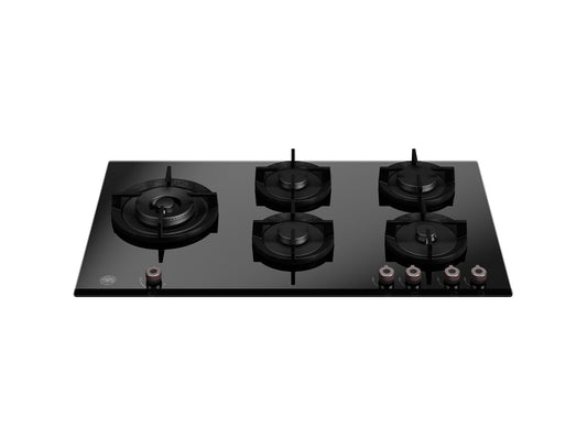 zwarte Bertazzoni P905LPROGNE 5-pits gaskookplaat met wokbrander en gietijzeren pannendragers