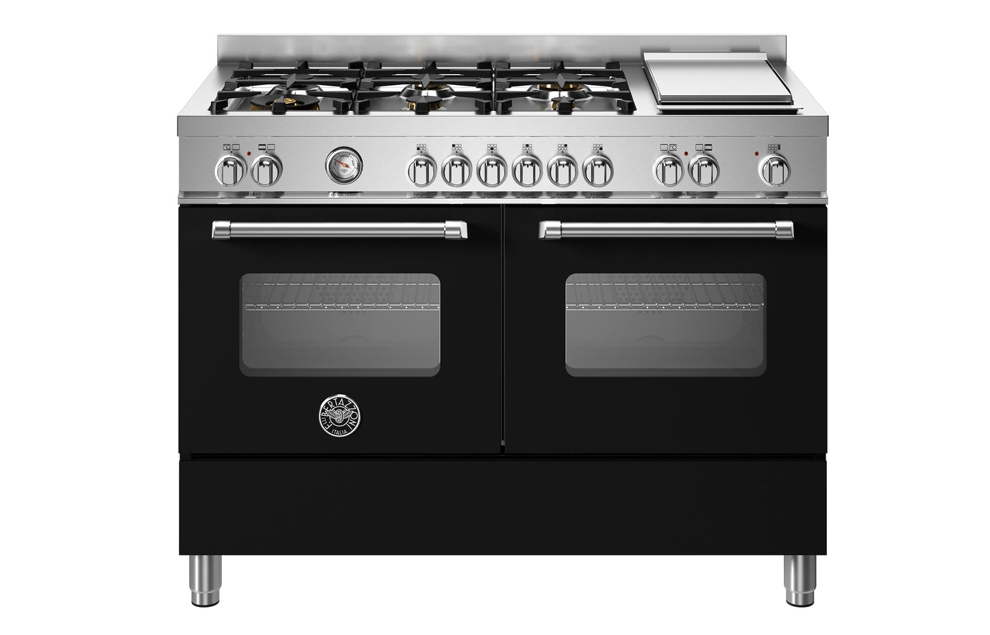 MAS126G2ENET Bertazzoni 120 cm fornuis met teppan-yaki bakplaat, 6 gasbranders en dubbele elektrische ovens